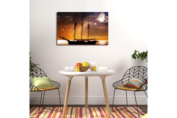Lerretsbilde med LED-belysning 45x70 cm - Seilbåt mot en solnedgang over havet - Oransje / Svart / Gull - Innredning - Bilder & kunst - Lerretsbilder