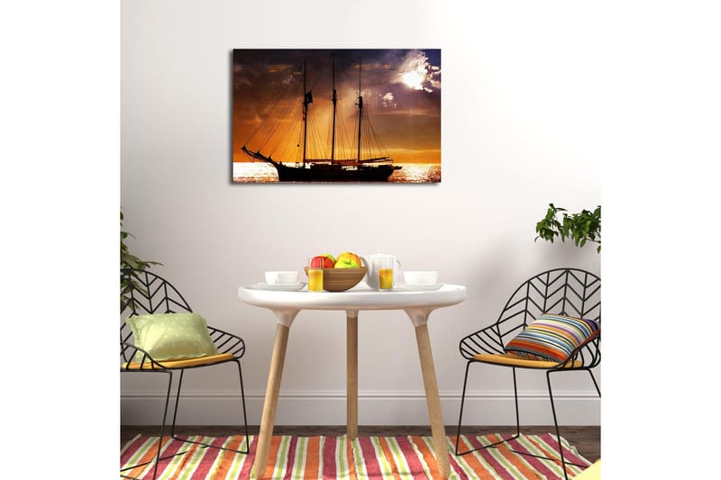 Lerretsbilde med LED-belysning 45x70 cm - Seilbåt mot en solnedgang over havet - Oransje / Svart / Gull - Innredning - Bilder & kunst - Lerretsbilder