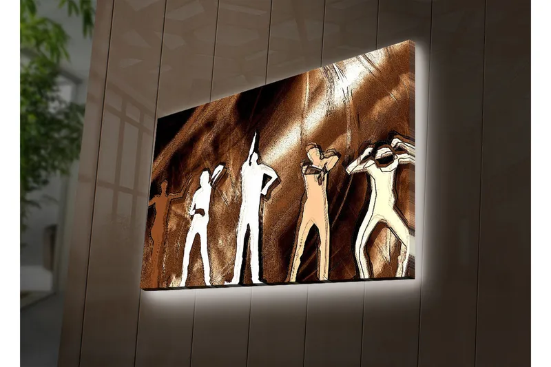 Lerretsbilde med LED-belysning 45x70 cm - Silhuetter av mennesker i forskjellige positurer mot en brun bakgrunn - Brun / Hvit / Beige - Innredning - Bilder & kunst - Lerretsbilder