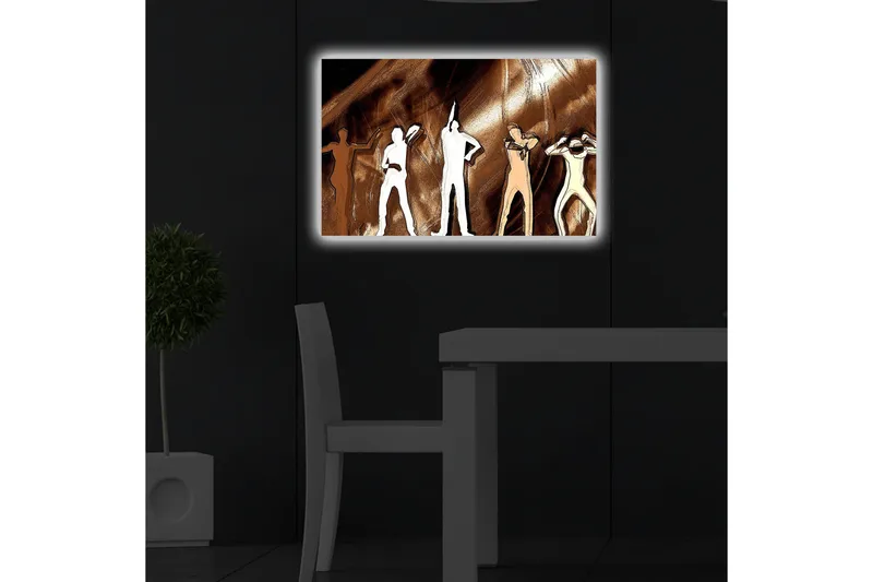 Lerretsbilde med LED-belysning 45x70 cm - Silhuetter av mennesker i forskjellige positurer mot en brun bakgrunn - Brun / Hvit / Beige - Innredning - Bilder & kunst - Lerretsbilder