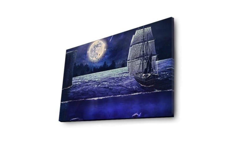 Lerretsbilde med LED-belysning 45x70 cm - Skip som seiler under fullmåne på en stjerneklar natt - Mørk blå / Grå / Hvit - Innredning - Bilder & kunst - Lerretsbilder