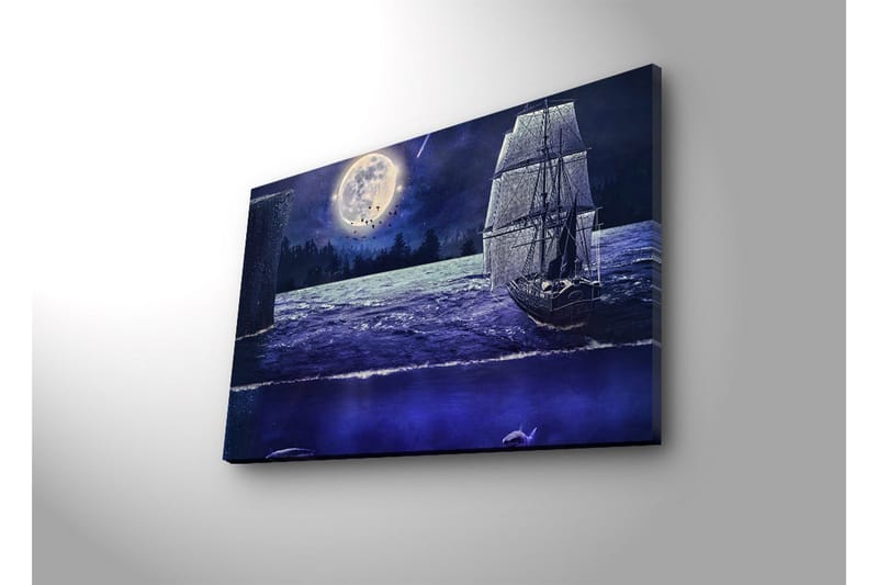 Lerretsbilde med LED-belysning 45x70 cm - Skip som seiler under fullmåne på en stjerneklar natt - Mørk blå / Grå / Hvit - Innredning - Bilder & kunst - Lerretsbilder