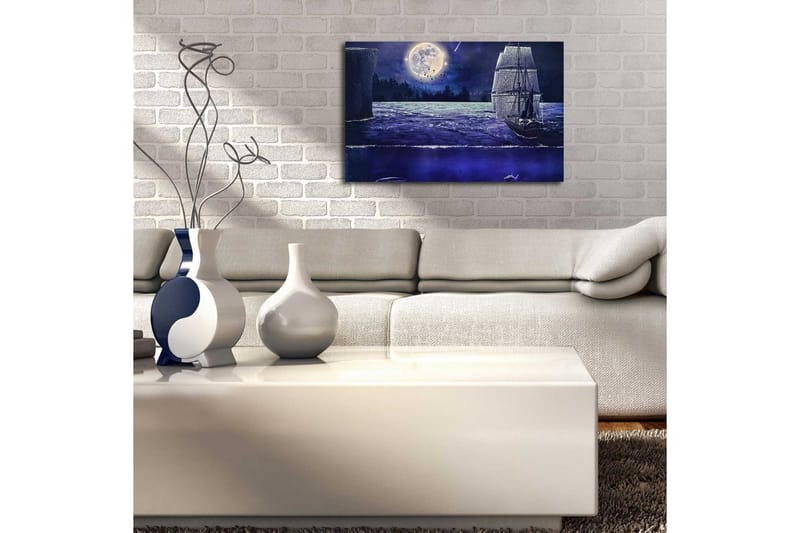 Lerretsbilde med LED-belysning 45x70 cm - Skip som seiler under fullmåne på en stjerneklar natt - Mørk blå / Grå / Hvit - Innredning - Bilder & kunst - Lerretsbilder