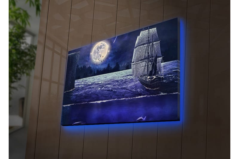 Lerretsbilde med LED-belysning 45x70 cm - Skip som seiler under fullmåne på en stjerneklar natt, Mørk blå / Grå / Hvit