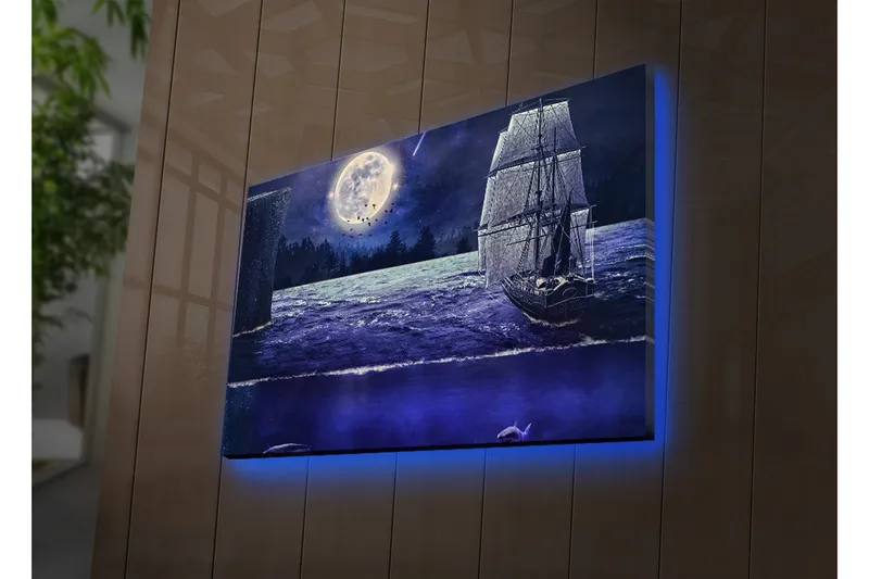 Lerretsbilde med LED-belysning 45x70 cm - Skip som seiler under fullmåne på en stjerneklar natt, Mørk blå / Grå / Hvit