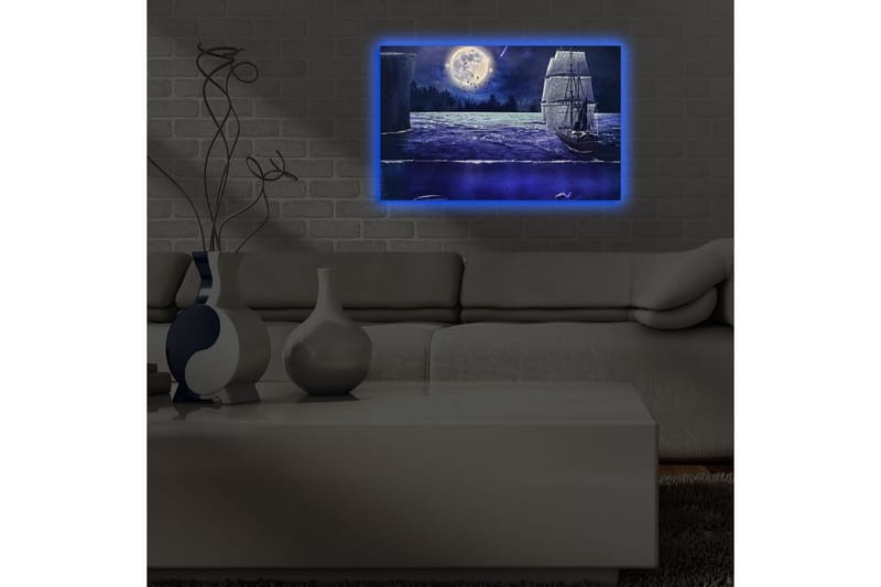 Lerretsbilde med LED-belysning 45x70 cm - Skip som seiler under fullmåne på en stjerneklar natt - Mørk blå / Grå / Hvit - Innredning - Bilder & kunst - Lerretsbilder