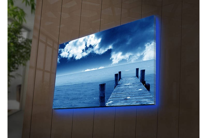 Lerretsbilde med LED-belysning 45x70 cm - Stilleben av en brygge som strekker seg ut over et blått hav under en dramatisk himmel - Blå / Grå / Hvit - Innredning - Bilder & kunst - Lerretsbilder
