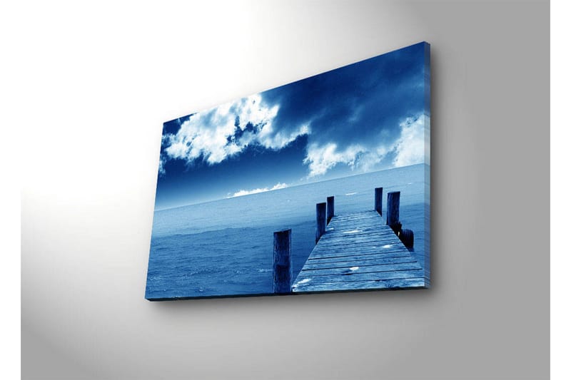 Lerretsbilde med LED-belysning 45x70 cm - Stilleben av en brygge som strekker seg ut over et blått hav under en dramatisk himmel - Blå / Grå / Hvit - Innredning - Bilder & kunst - Lerretsbilder