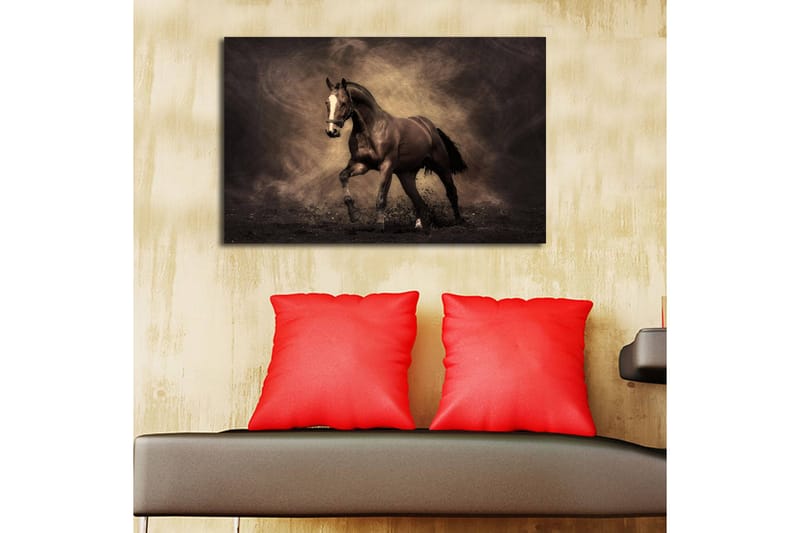 Lerretsbilde med LED-belysning 45x70 cm - Stolt hest i bevegelse - Mørk brun / Beige / Svart - Innredning - Bilder & kunst - Lerretsbilder