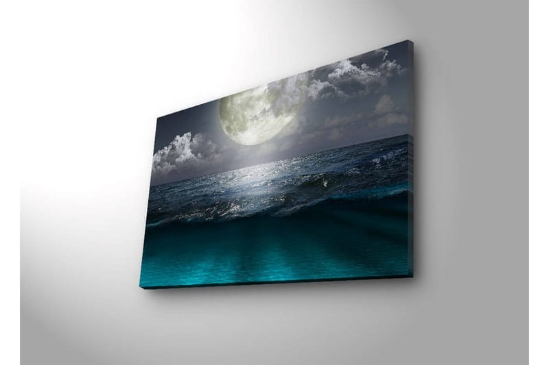 Lerretsbilde med LED-belysning 45x70 cm - Storslått måne over et stormfullt hav - Mørk blå / Turkis / Grå - Innredning - Bilder & kunst - Lerretsbilder