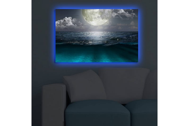 Lerretsbilde med LED-belysning 45x70 cm - Storslått måne over et stormfullt hav - Mørk blå / Turkis / Grå - Innredning - Bilder & kunst - Lerretsbilder