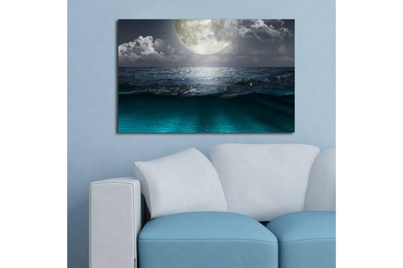 Lerretsbilde med LED-belysning 45x70 cm - Storslått måne over et stormfullt hav - Mørk blå / Turkis / Grå - Innredning - Bilder & kunst - Lerretsbilder