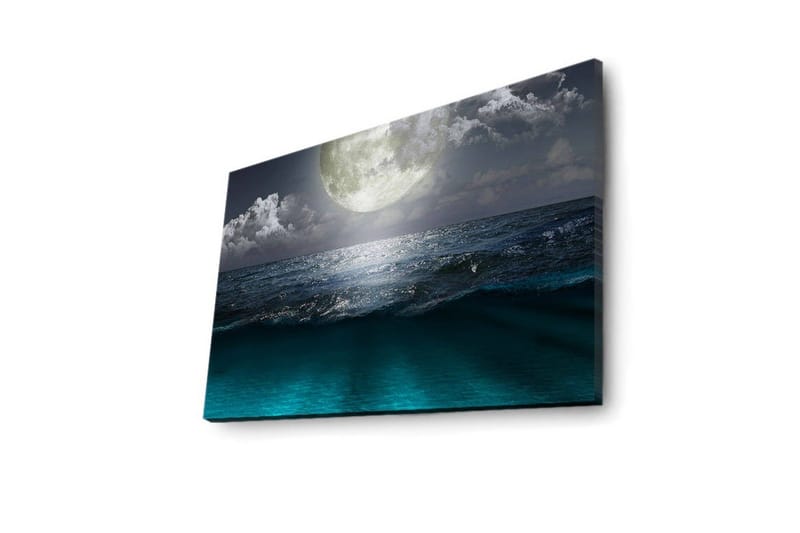 Lerretsbilde med LED-belysning 45x70 cm - Storslått måne over et stormfullt hav - Mørk blå / Turkis / Grå - Innredning - Bilder & kunst - Lerretsbilder