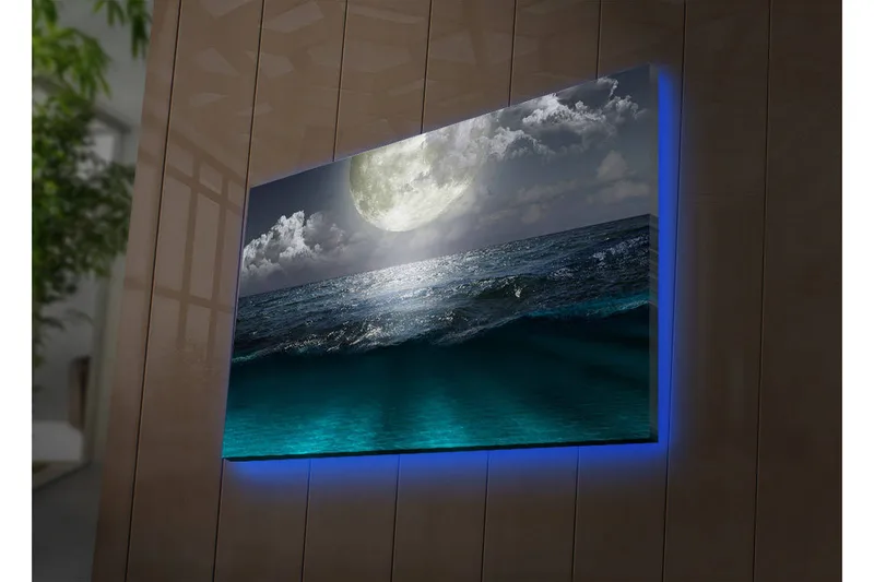 Lerretsbilde med LED-belysning 45x70 cm - Storslått måne over et stormfullt hav, Mørk blå / Turkis / Grå