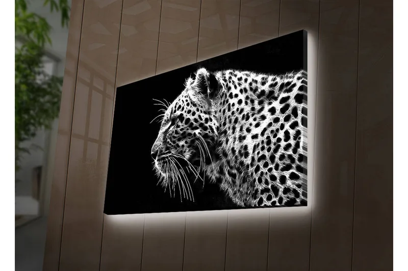 Lerretsbilde med LED-belysning 45x70 cm - Svart og hvit leopardprofil med detaljert pelsstruktur, Svart / Hvit