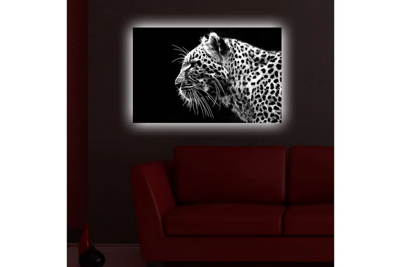 Lerretsbilde med LED-belysning 45x70 cm - Svart og hvit leopardprofil med detaljert pelsstruktur - Svart / Hvit - Innredning - Bilder & kunst - Lerretsbilder