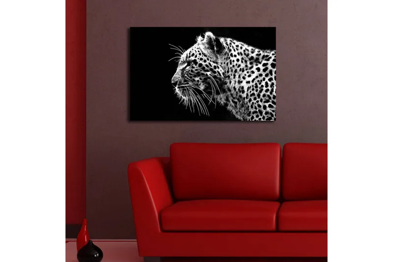Lerretsbilde med LED-belysning 45x70 cm - Svart og hvit leopardprofil med detaljert pelsstruktur - Svart / Hvit - Innredning - Bilder & kunst - Lerretsbilder