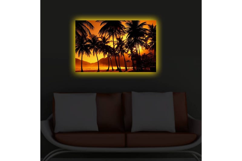 Lerretsbilde med LED-belysning 45x70 cm - Tropisk solnedgang med palmer i silhuett - Oransje / Svart - Innredning - Bilder & kunst - Lerretsbilder