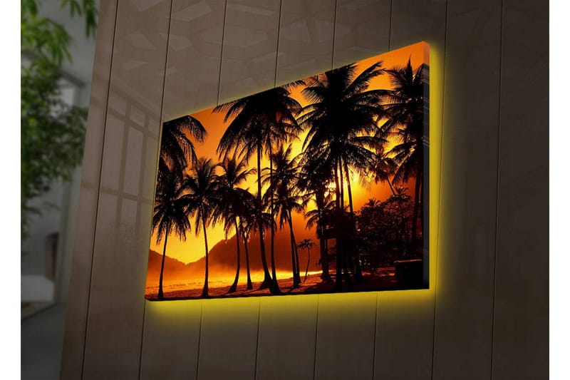 Lerretsbilde med LED-belysning 45x70 cm - Tropisk solnedgang med palmer i silhuett, Oransje / Svart