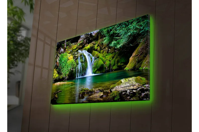 Lerretsbilde med LED-belysning 45x70 cm - Vakker foss med frodig grøntområde og fjellformasjoner - Grønn / Blå / Brun - Innredning - Bilder & kunst - Lerretsbilder