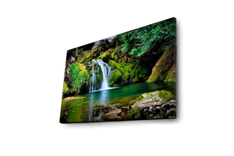 Lerretsbilde med LED-belysning 45x70 cm - Vakker foss med frodig grøntområde og fjellformasjoner - Grønn / Blå / Brun - Innredning - Bilder & kunst - Lerretsbilder