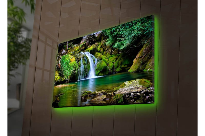 Lerretsbilde med LED-belysning 45x70 cm - Vakker foss med frodig grøntområde og fjellformasjoner - Grønn / Blå / Brun - Innredning - Bilder & kunst - Lerretsbilder