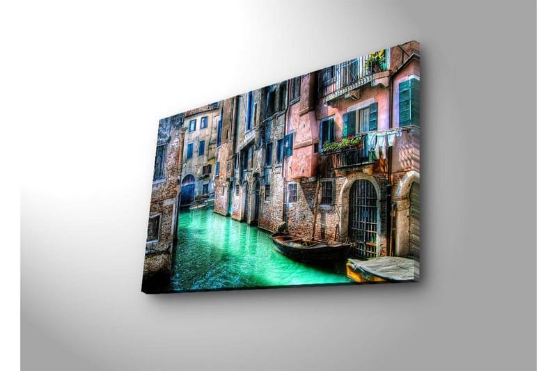 Lerretsbilde med LED-belysning 45x70 cm - Vakker kanal med historiske bygninger og båter i pittoreske omgivelser - Grønn / Rosa / Blå - Innredning - Bilder & kunst - Lerretsbilder