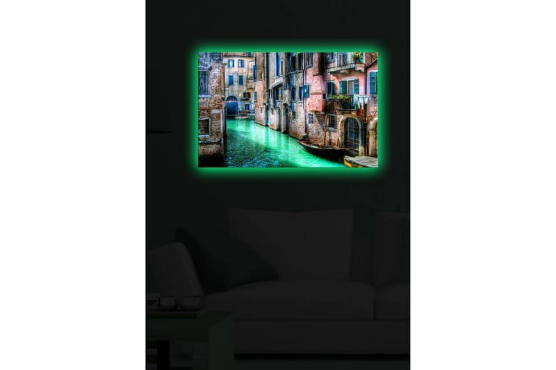 Lerretsbilde med LED-belysning 45x70 cm - Vakker kanal med historiske bygninger og båter i pittoreske omgivelser - Grønn / Rosa / Blå - Innredning - Bilder & kunst - Lerretsbilder