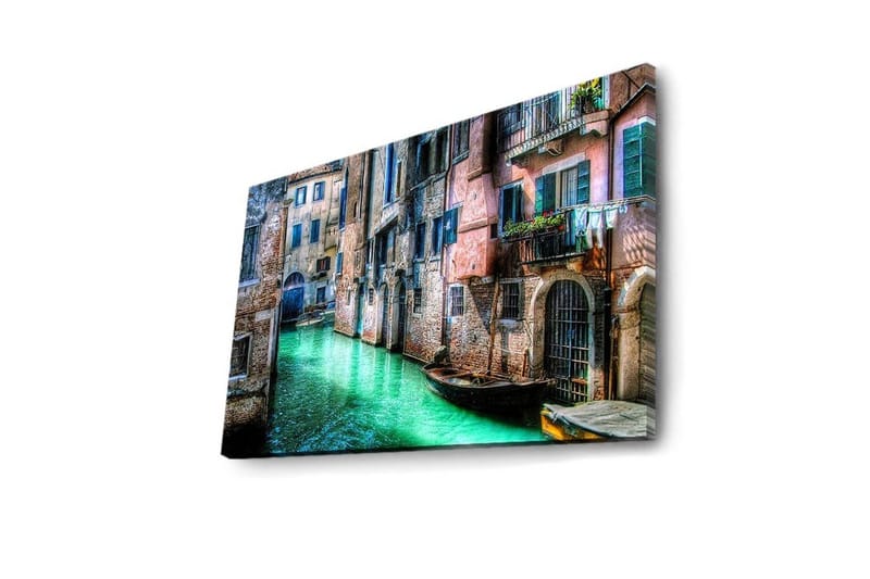 Lerretsbilde med LED-belysning 45x70 cm - Vakker kanal med historiske bygninger og båter i pittoreske omgivelser - Grønn / Rosa / Blå - Innredning - Bilder & kunst - Lerretsbilder