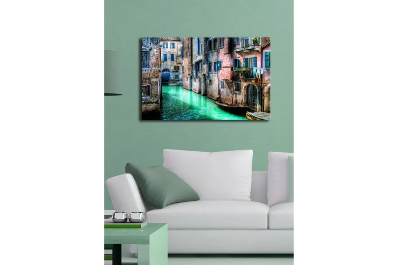 Lerretsbilde med LED-belysning 45x70 cm - Vakker kanal med historiske bygninger og båter i pittoreske omgivelser - Grønn / Rosa / Blå - Innredning - Bilder & kunst - Lerretsbilder