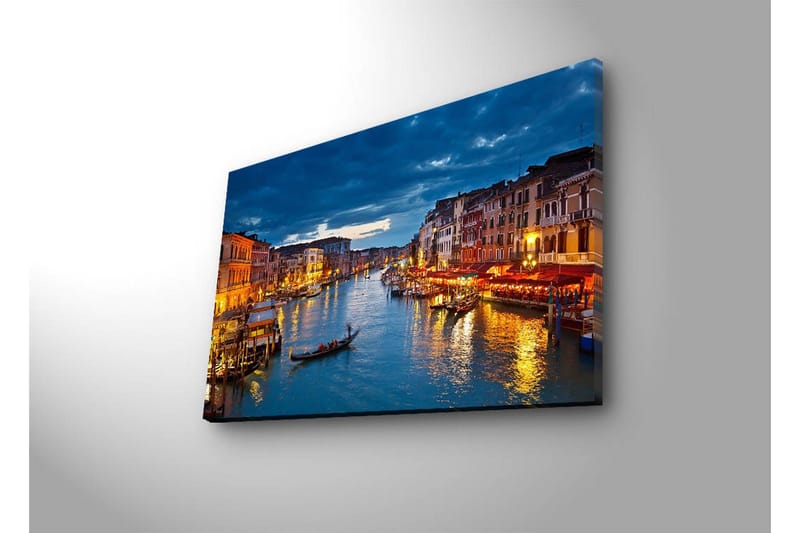 Lerretsbilde med LED-belysning 45x70 cm - Vakker utsikt over en kanal i Venezia med opplyste bygninger ved vannet - Blå / Oransje / Grønn - Innredning - Bilder & kunst - Lerretsbilder