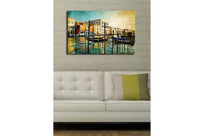 Lerretsbilde med LED-belysning 45x70 cm - Vakker venetiansk kanal med fargerike bygninger og båter - Blå / Oransje / Grønn - Innredning - Bilder & kunst - Lerretsbilder