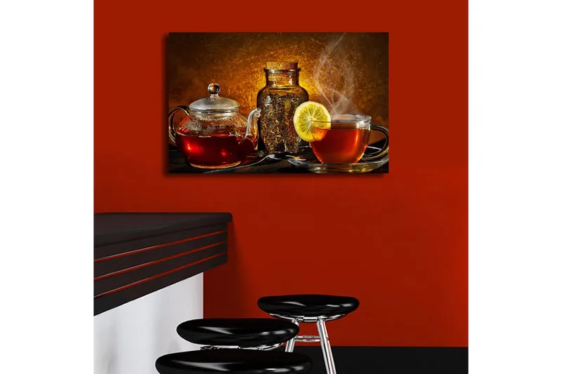 Lerretsbilde med LED-belysning 45x70 cm - Varmt og innbydende tesett med sitronskive - Rød / Brun / Gul - Innredning - Bilder & kunst - Lerretsbilder