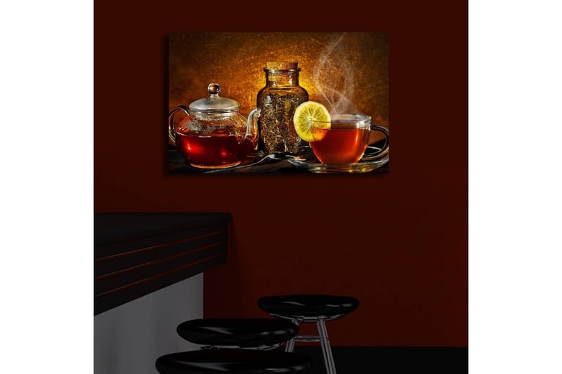 Lerretsbilde med LED-belysning 45x70 cm - Varmt og innbydende tesett med sitronskive - Rød / Brun / Gul - Innredning - Bilder & kunst - Lerretsbilder