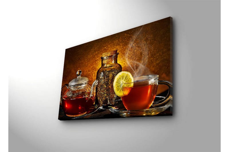 Lerretsbilde med LED-belysning 45x70 cm - Varmt og innbydende tesett med sitronskive - Rød / Brun / Gul - Innredning - Bilder & kunst - Lerretsbilder