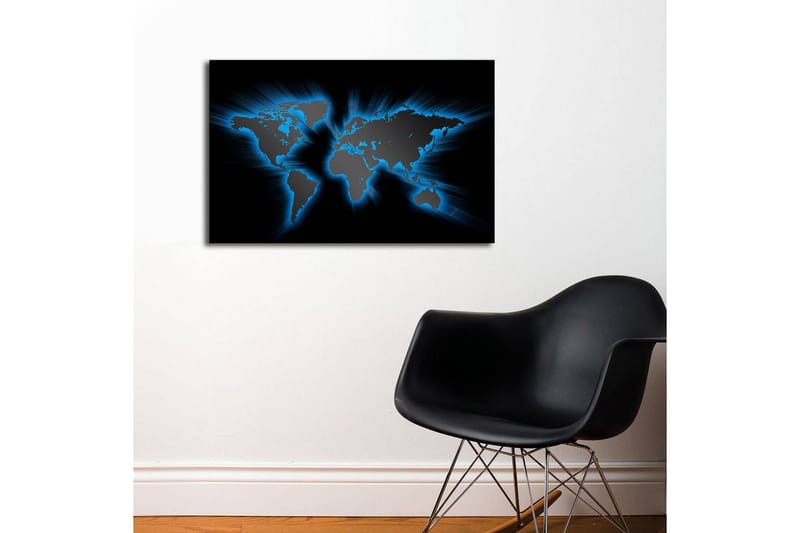 Lerretsbilde med LED-belysning 45x70 cm - Verdenskart med lyseblå konturer mot svart bakgrunn - Svart / Lys blå - Innredning - Bilder & kunst - Lerretsbilder