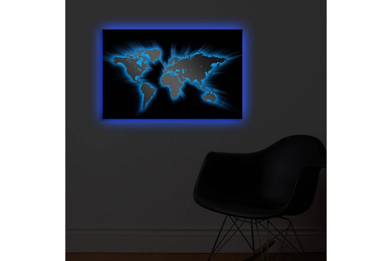 Lerretsbilde med LED-belysning 45x70 cm - Verdenskart med lyseblå konturer mot svart bakgrunn - Svart / Lys blå - Innredning - Bilder & kunst - Lerretsbilder