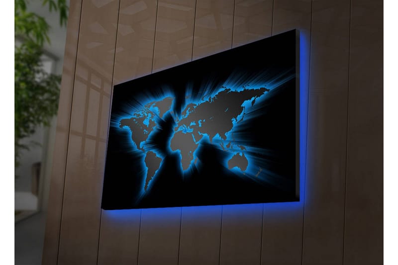 Lerretsbilde med LED-belysning 45x70 cm - Verdenskart med lyseblå konturer mot svart bakgrunn, Svart / Lys blå