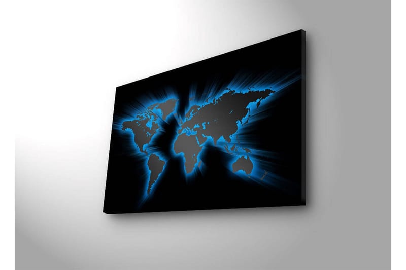 Lerretsbilde med LED-belysning 45x70 cm - Verdenskart med lyseblå konturer mot svart bakgrunn - Svart / Lys blå - Innredning - Bilder & kunst - Lerretsbilder