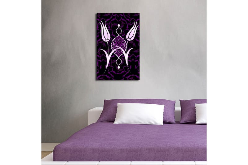 Lerretsbilde med LED-belysning 70x45 cm - Stiliserte blomster i kontrastfarger - Lilla / Hvit / Svart - Innredning - Bilder & kunst - Lerretsbilder