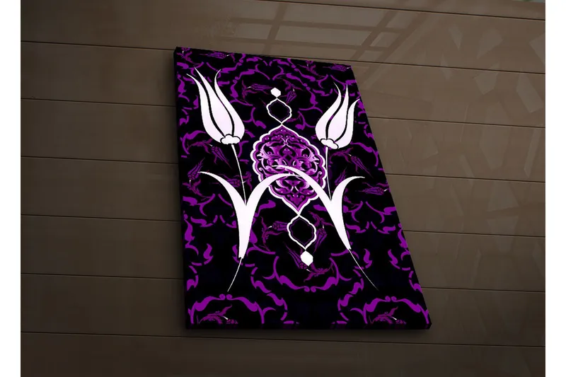 Lerretsbilde med LED-belysning 70x45 cm - Stiliserte blomster i kontrastfarger - Lilla / Hvit / Svart - Innredning - Bilder & kunst - Lerretsbilder