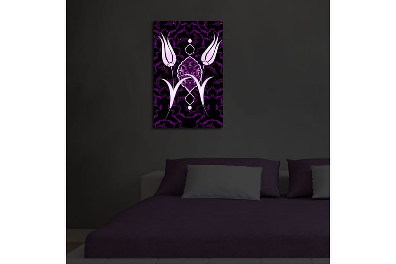 Lerretsbilde med LED-belysning 70x45 cm - Stiliserte blomster i kontrastfarger - Lilla / Hvit / Svart - Innredning - Bilder & kunst - Lerretsbilder