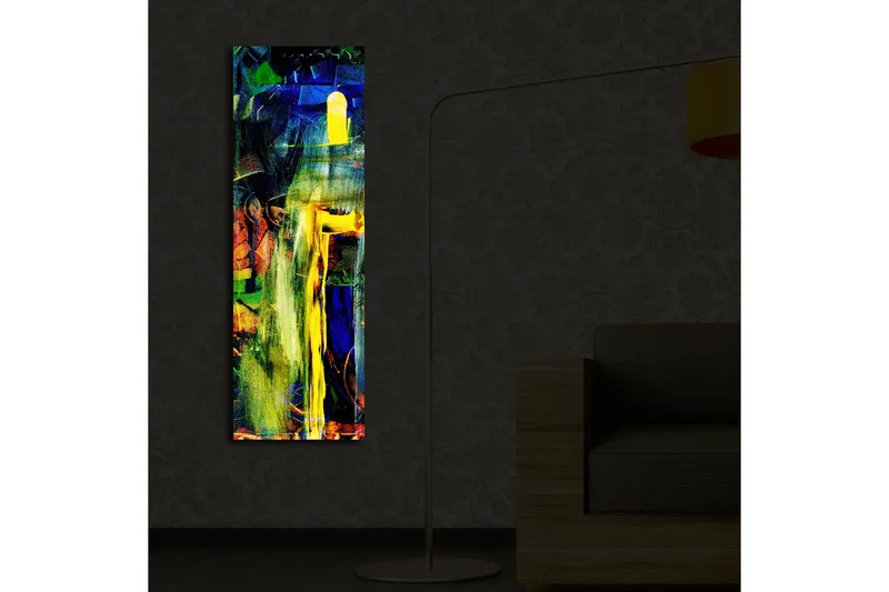 Lerretsbilde med LED-belysning 90x30 cm - Abstrakt komposisjon med sterke farger og former - Grønn / Blå / Gul - Innredning - Bilder & kunst - Lerretsbilder
