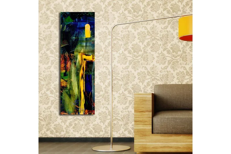 Lerretsbilde med LED-belysning 90x30 cm - Abstrakt komposisjon med sterke farger og former - Grønn / Blå / Gul - Innredning - Bilder & kunst - Lerretsbilder