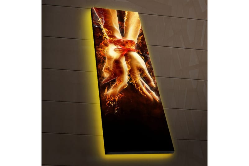 Lerretsbilde med LED-belysning 90x30 cm - Sammenflettede hender omgitt av ild og lys - Rød / Oransje / Svart - Innredning - Bilder & kunst - Lerretsbilder