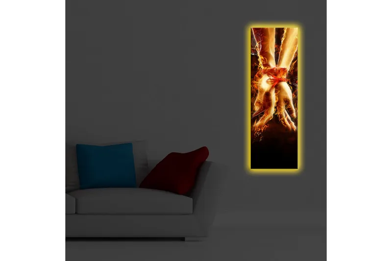 Lerretsbilde med LED-belysning 90x30 cm - Sammenflettede hender omgitt av ild og lys - Rød / Oransje / Svart - Innredning - Bilder & kunst - Lerretsbilder