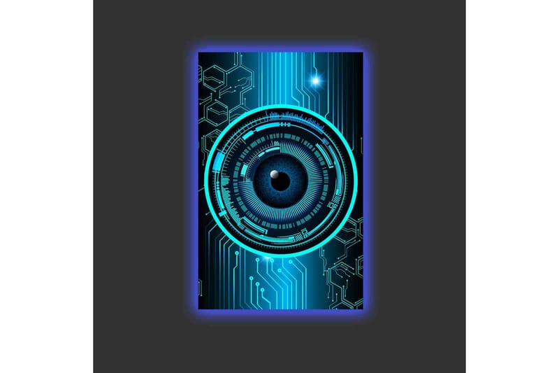 Lerretsbilde med LED-belysning - Abstrakt komposisjon med sirkulære mønstre og teknologiske elementer - Mørk blå / Turkis / Svart - Innredning - Bilder & kunst - Lerretsbilder
