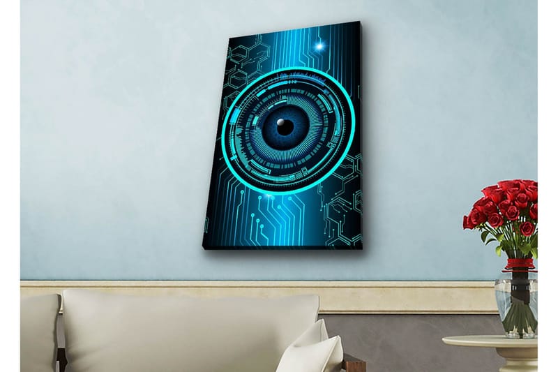 Lerretsbilde med LED-belysning - Abstrakt komposisjon med sirkulære mønstre og teknologiske elementer - Mørk blå / Turkis / Svart - Innredning - Bilder & kunst - Lerretsbilder