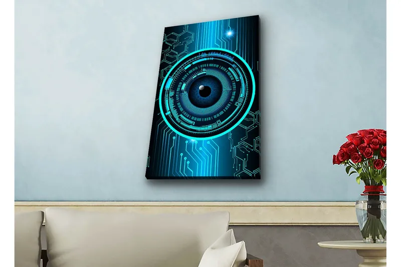 Lerretsbilde med LED-belysning - Abstrakt komposisjon med sirkulære mønstre og teknologiske elementer - Mørk blå / Turkis / Svart - Innredning - Bilder & kunst - Lerretsbilder