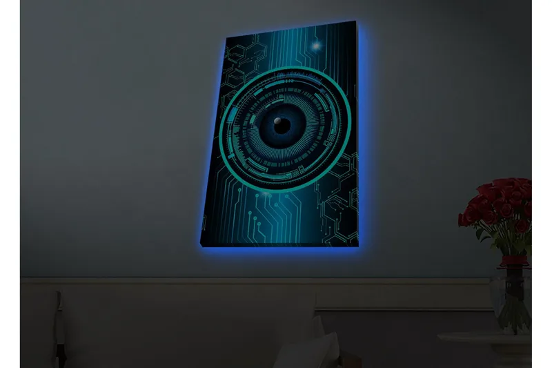 Lerretsbilde med LED-belysning - Abstrakt komposisjon med sirkulære mønstre og teknologiske elementer, Mørk blå / Turkis / Svart